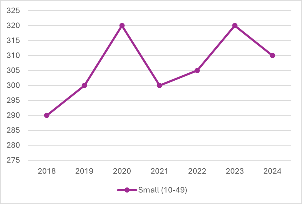 A line graph showing the count of small enterprises in South Tyneside for each year from 2018 to 2024.